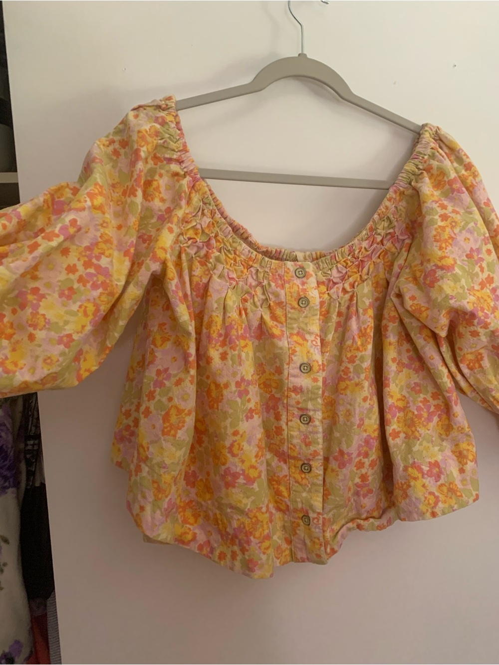 Free People Floral Puff-Sleeve Off-Shoulder Blouse - Yellow Pink